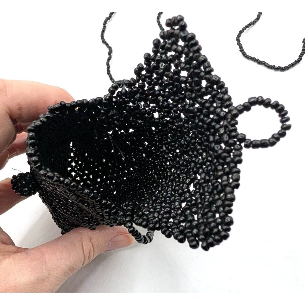 Vtg Handmade Black Beaded Mini Crossbody Bag  4"x3" Size - Picture 3 of 9